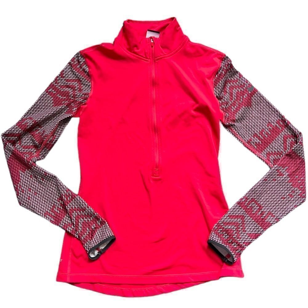 Nike Pro Dri-Fit Long Sleeve 1/2 Zip Pullover Running Top Red Pattern Size Small